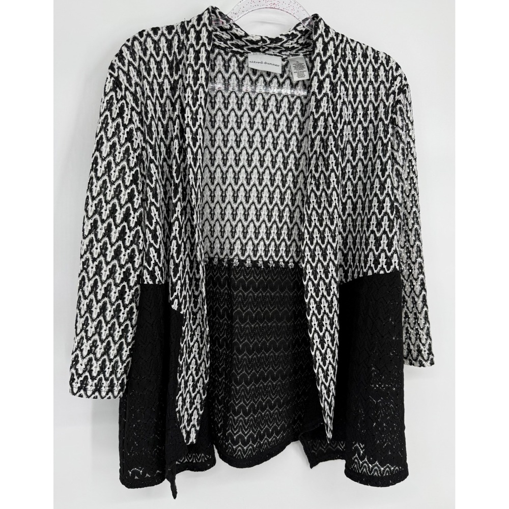Alfred Dunner Womens Black White Geometric Knit Cardigan Sweater Sz XL
